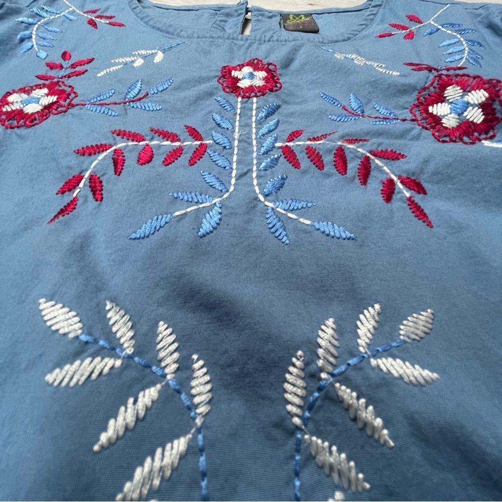 MYX Fusionwear blue boho embroidered cotton dress bell sleeves pockets, size L - Picture 8 of 14